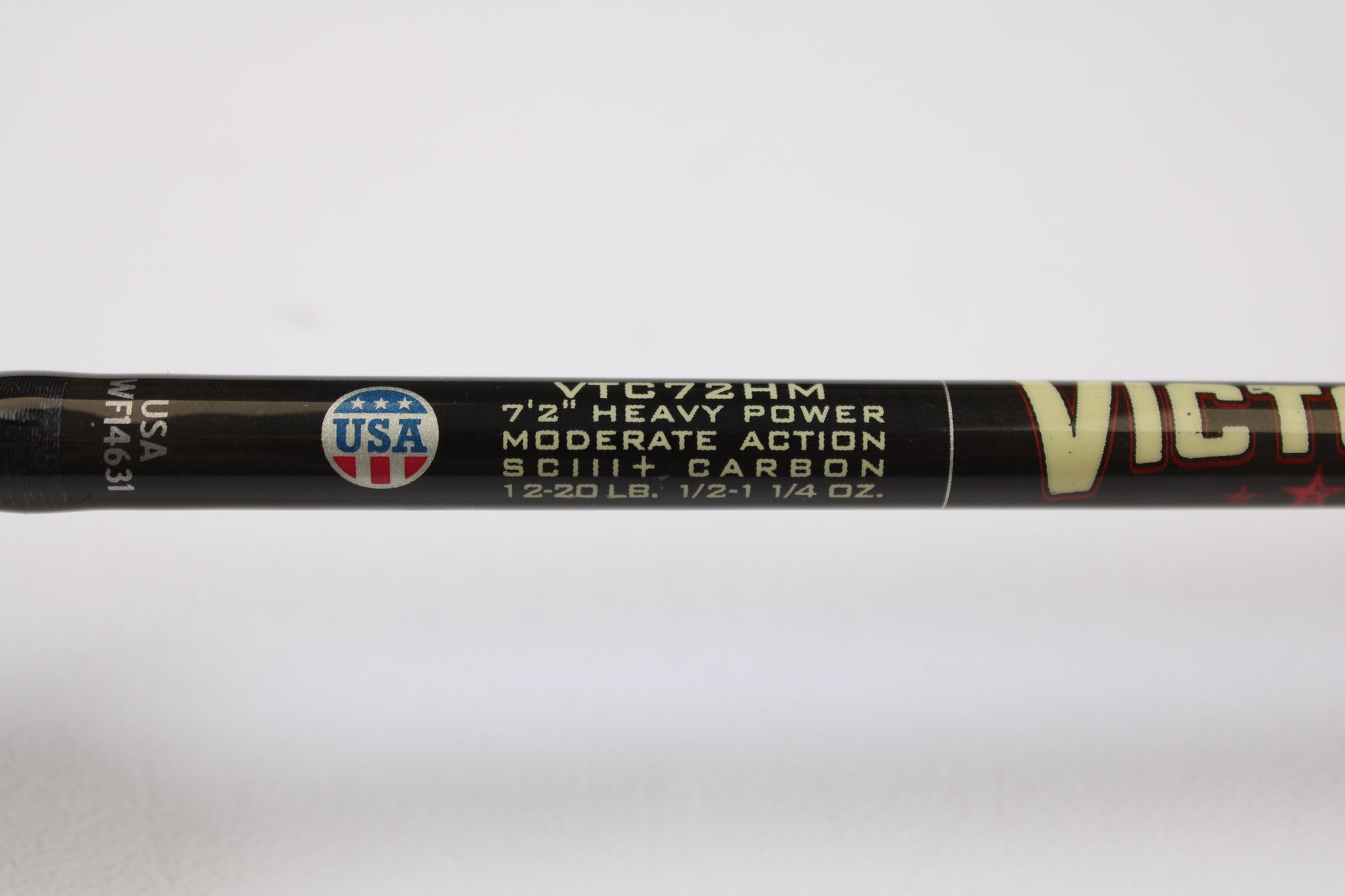 Close-up of a St. Croix Victory VTC72HM Rip'n Chatter 7'2" Heavy Used Casting Rod in excellent condition, specs visible: SCIII+ Carbon, 12-20 lb, 1/2-1 1/4 oz. USA emblem shown—eligible for store credit via our Rod and Reel Trade-In Program.