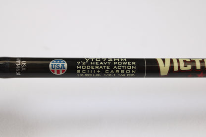 Close-up of a St. Croix Victory VTC72HM Rip'n Chatter 7'2" Heavy Used Casting Rod in excellent condition, specs visible: SCIII+ Carbon, 12-20 lb, 1/2-1 1/4 oz. USA emblem shown—eligible for store credit via our Rod and Reel Trade-In Program.