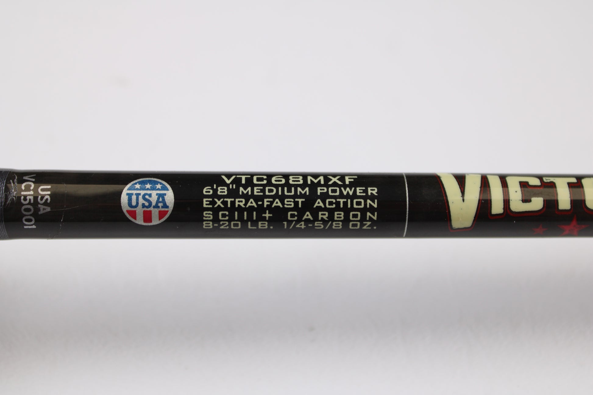 Close-up of a St. Croix Victory VTC68MXF The Jerk 6'8" Medium - Used Casting Rod (very good condition) label with specs and USA flag—perfect for our Rod and Reel Trade-In Program and store credit on used gear.