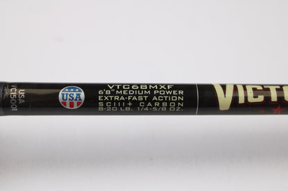 Close-up of a St. Croix Victory VTC68MXF The Jerk 6'8" Medium - Used Casting Rod (very good condition) label with specs and USA flag—perfect for our Rod and Reel Trade-In Program and store credit on used gear.