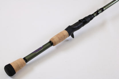 A close-up of the St. Croix Mojo Bass MGC610MM Target Cranker 6'10" medium casting rod—used but in excellent condition—perfect for those interested in quality pre-owned gear or looking to trade in a rod and reel.