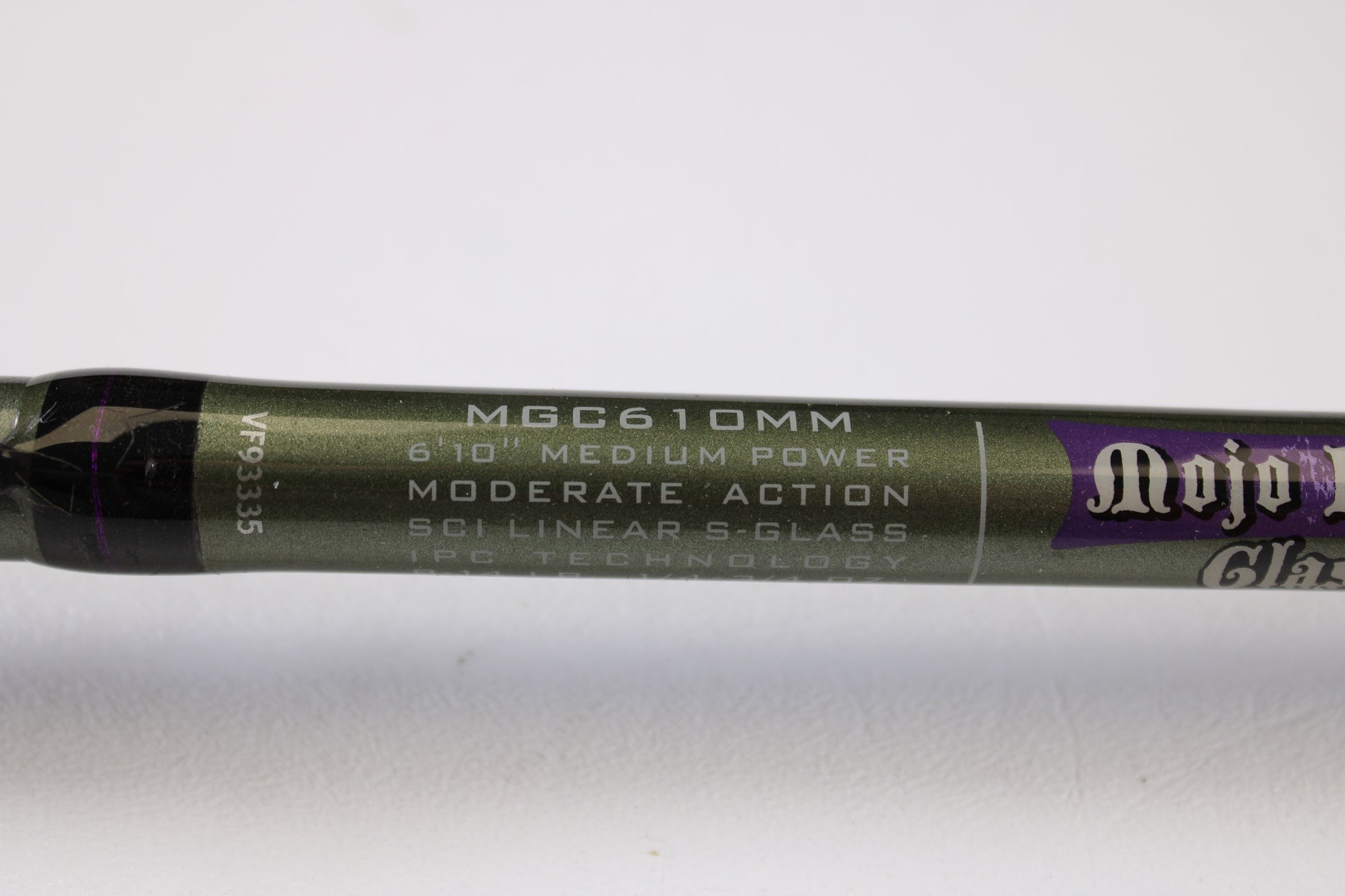 Close-up of a St. Croix Mojo Bass MGC610MM Target Cranker 6'10" Medium used casting rod in excellent condition, showing specs on a plain white background. Ideal for anglers considering our rod and reel trade-in or store credit offers.