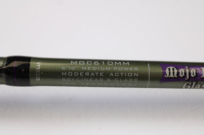 Close-up of a St. Croix Mojo Bass MGC610MM Target Cranker 6'10" Medium used casting rod in excellent condition, showing specs on a plain white background. Ideal for anglers considering our rod and reel trade-in or store credit offers.