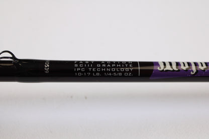 Close-up of the St. Croix Mojo Bass MJC71MF2 Plastics 7'1" Medium 2 Piece Used Casting Rod in excellent condition, showing "FAST ACTION SCIII GRAPHITE IPC TECHNOLOGY 10-17 LB. 1/4-5/8 OZ." Eligible for our Rod and Reel Trade-In Program.