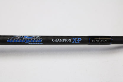 Close-up of a Dobyns Champion XP DC705CBGLASS 7'0" Medium Heavy Used Casting Rod in excellent condition, ideal for those interested in used gear or our Rod and Reel Trade-In Program, set against a plain white background.