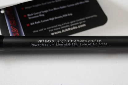 A close-up of the Ark Fishing Invoker Pro IVP71MXS 7'1" Medium Used Spinning Rod (Extra Fast Action, 6-12 lb line, 1/8-5/8 oz lure) in excellent condition—ideal for your next rod and reel trade-in for store credit.