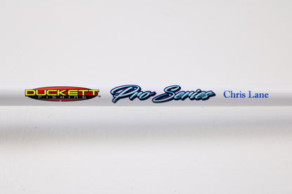 A close-up of a Duckett Pro Series DFPS74H-C Chris Lane 7'4" Heavy Used Casting Rod in excellent condition, ideal for used gear shoppers or those looking to trade in a rod and reel for store credit.