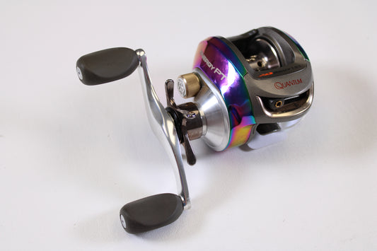 A close-up of the Quantum Energy PT E770PT 7.0:1 RH used casting reel in very good condition—ideal for anglers trading in gear for store credit through our Rod and Reel Trade-In Program.