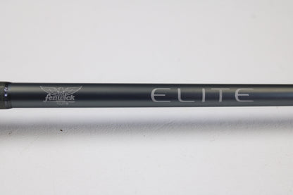A close-up of the Fenwick Elite Bass ELB610MH-FC 6'10" Medium Heavy Used Casting Rod in very good condition, featuring the "Fenwick" and "ELITE" logos—ideal for those considering our rod and reel trade-in program or used gear.