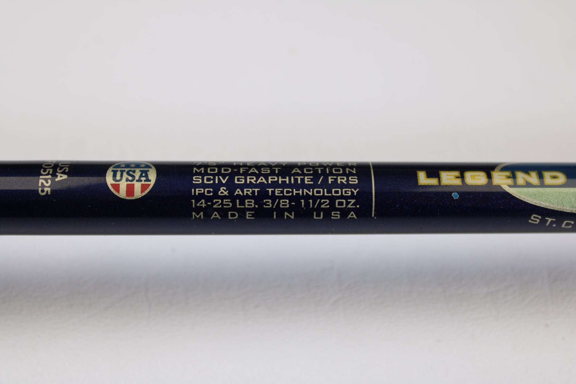Close-up of St. Croix Legend Tournament LBC75HMF 7'5" Heavy used casting rod label with specs—SCIV graphite, MOD-FAST action, 14-25 lb line, 3/8-1.5 oz lure—ideal for your next rod trade-in or store credit offer.