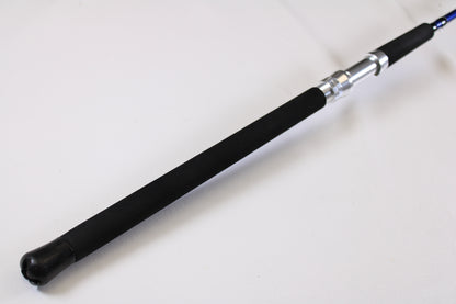 A close-up of the Shattered Cat 7'6" Heavy Casting Rod handle with a black foam grip and metallic reel seat—ideal for anglers looking to trade in or use store credit on this used Shattered Cat rod in excellent condition.