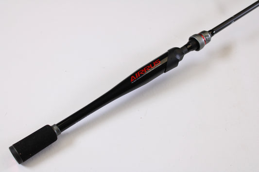 A close-up of the Airrus Stargate ASG681LF-S 6'8" Light used spinning rod in excellent condition, featuring the "AIRRUS" brand name on the handle, set against a plain white background. Ideal for those seeking quality pre-owned gear.