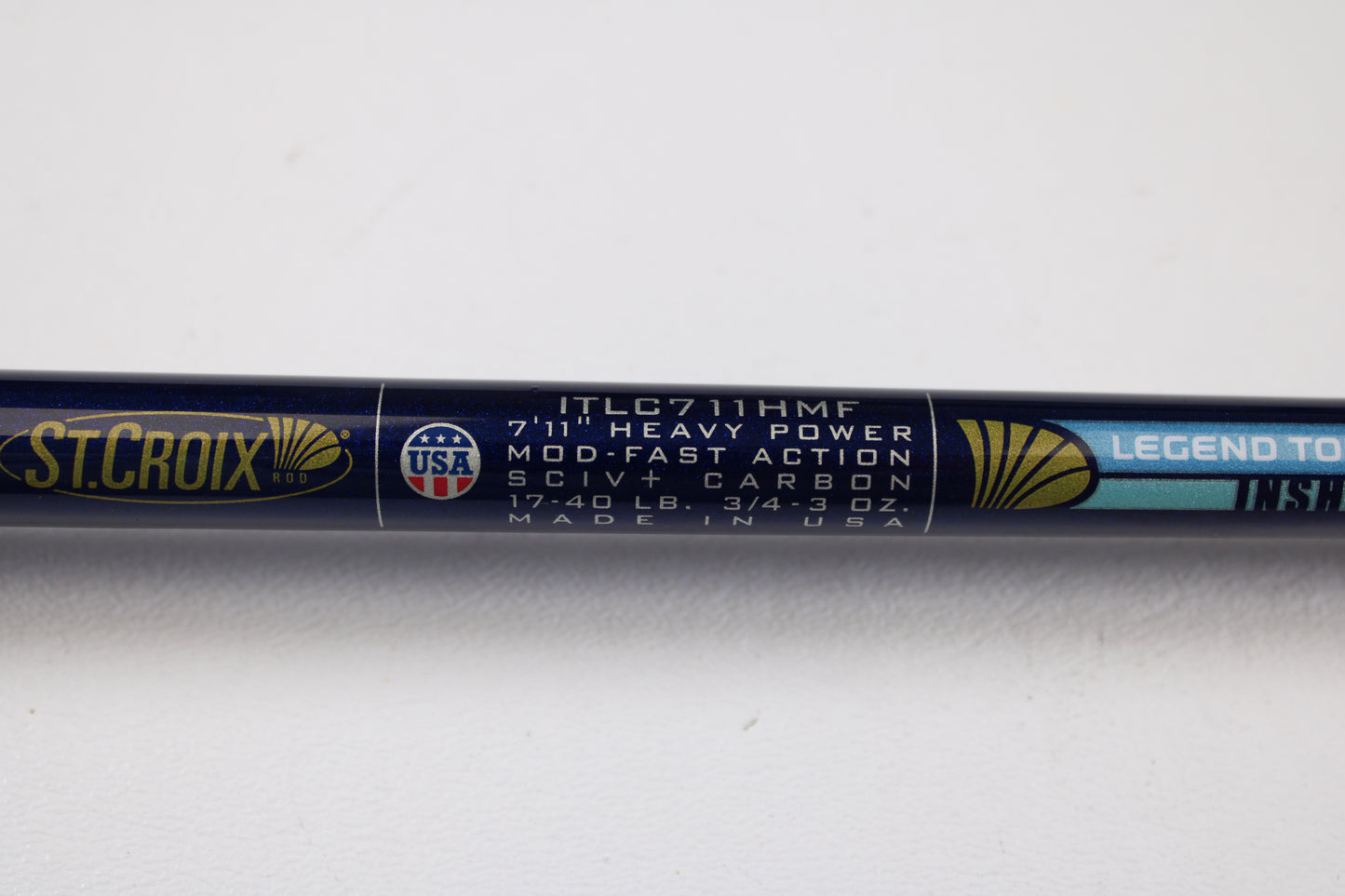 Close-up of a St. Croix Legend Tournament Inshore ITLC711HMF 7'11" Heavy Used Casting Rod—Mint Condition, perfect for the Rod and Reel Trade-In Program. Upgrade your gear or earn store credit with this top-quality St. Croix rod!.