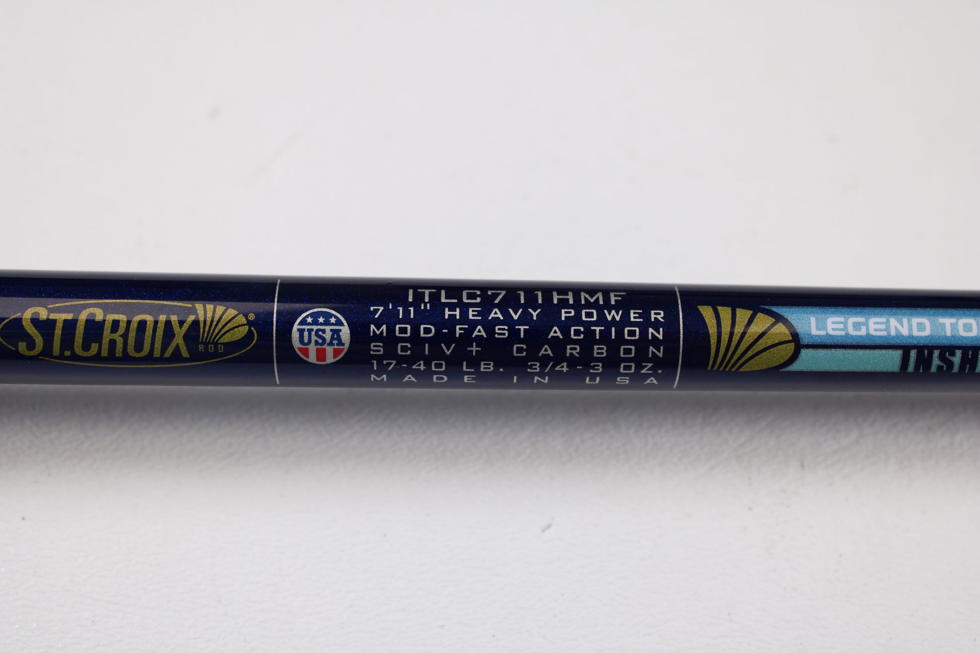 Close-up of a St. Croix Legend Tournament Inshore ITLC711HMF 7'11" Heavy Used Casting Rod—Mint Condition, perfect for the Rod and Reel Trade-In Program. Upgrade your gear or earn store credit with this top-quality St. Croix rod!.