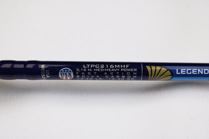 Close-up of St. Croix Legend Tournament Pike Versatile Special LTPC216MHF 7'1" Medium Heavy casting rod—used, excellent condition—showing label details and a USA emblem. Great choice for those seeking quality used gear or trading in rod and reel setups.