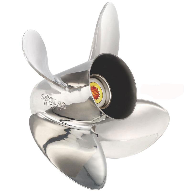 A used Solas HR Titan 4 Blade Prop (2553-140-21) in excellent condition, shiny silver with a visible Solas marking, fits a 15 spline hub and contains an inserted Shell-branded bottle cap.