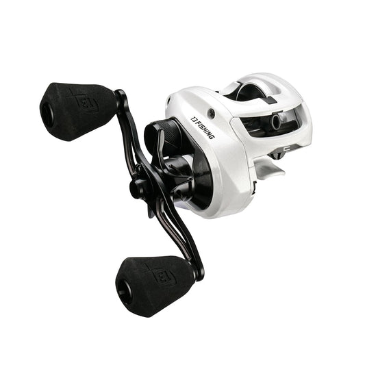 The 13 Fishing Concept C2 Casting Reel 7.5:1 (C2-7.5-RH) from 13 Fishing features a white and black finish, dual ergonomic handles, and a sleek modern design, shown isolated on a white background.