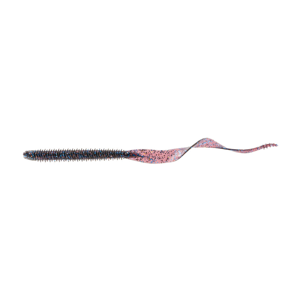 The 6th Sense Boosa 9.6 Ribbon Tail by American Legacy Fishing is a realistic, multicolored soft plastic lure featuring a textured, segmented body and Boosa tail for flexible movement. It mimics a ribbon tail worm with dark and pinkish hues and speckled details.