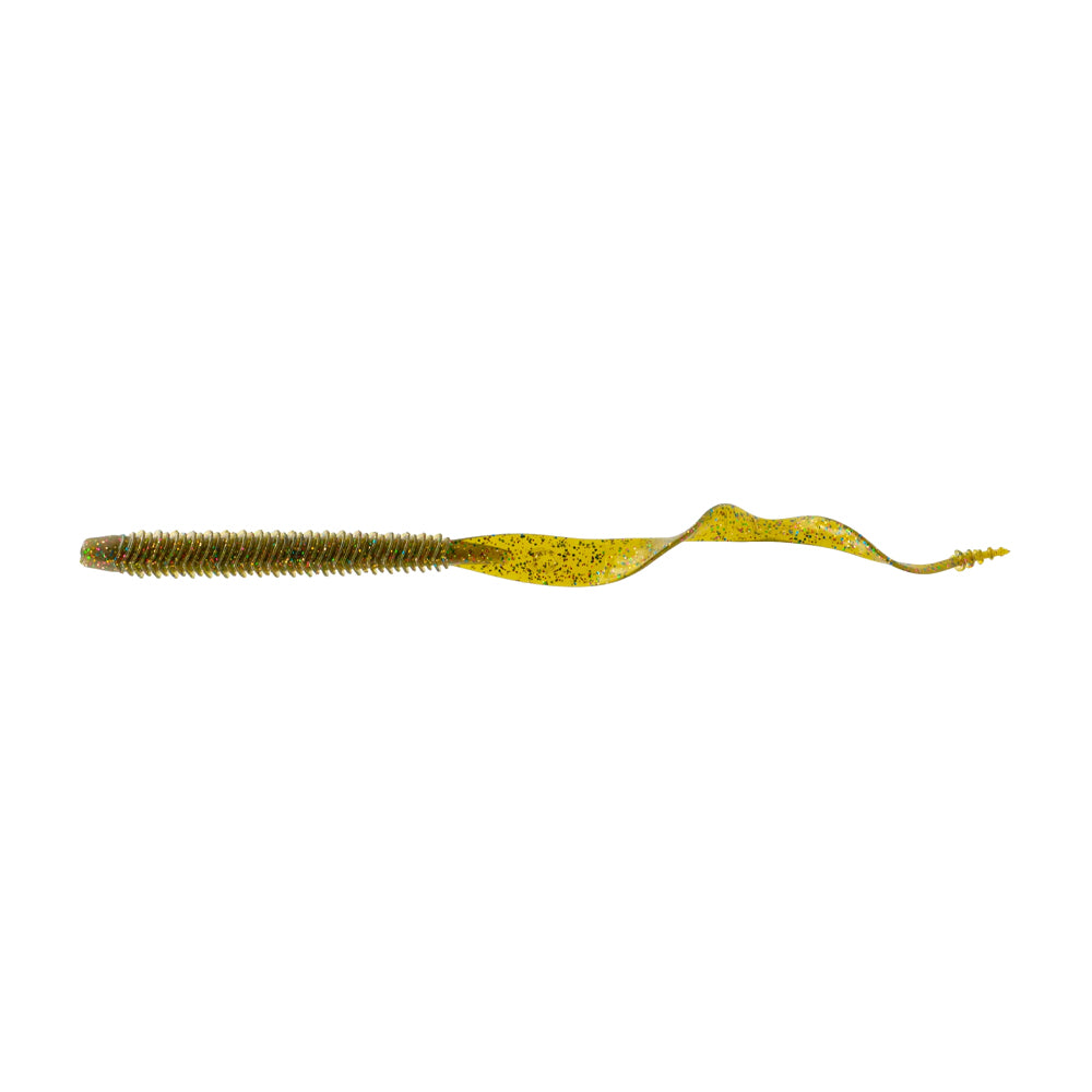 The 6th Sense Boosa 9.6 Ribbon Tail by American Legacy Fishing has a green and yellow ribbed body with a curly tail for flexible movement, isolated on white to highlight its unique design.