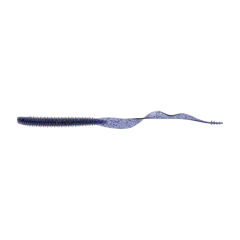Meet the 6th Sense Boosa 9.6 Ribbon Tail by American Legacy Fishing: a blue, worm-shaped fishing lure with a textured body and wavy ribbon tail. Its flexible movement offers irresistible water action, with multicolored specks that shimmer, making it ideal for your next big catch!.