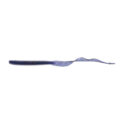 Meet the 6th Sense Boosa 9.6 Ribbon Tail by American Legacy Fishing: a blue, worm-shaped fishing lure with a textured body and wavy ribbon tail. Its flexible movement offers irresistible water action, with multicolored specks that shimmer, making it ideal for your next big catch!.