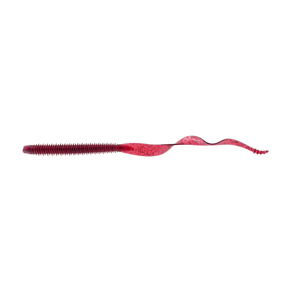 The 6th Sense Boosa 9.6 Ribbon Tail from American Legacy Fishing is a red soft plastic lure featuring a ribbed body and Boosa tail, known for its flexible movement. Its curly ribbon tail worm design highlights its texture and adaptability on a white background.
