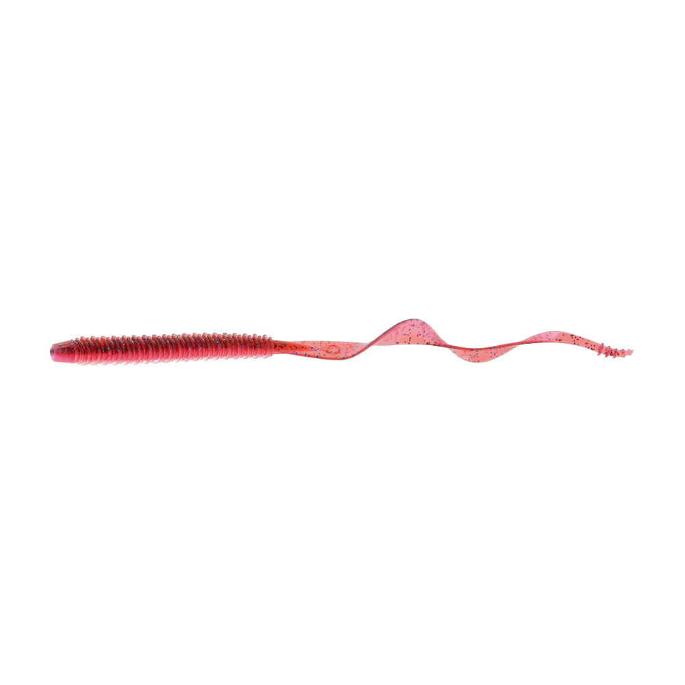 The 6th Sense Boosa 9.6 Ribbon Tail from American Legacy Fishing is a pink and red ribbed lure designed to mimic a segmented worm with a wavy body and pointed tail for flexible movement, standing out against a white background.