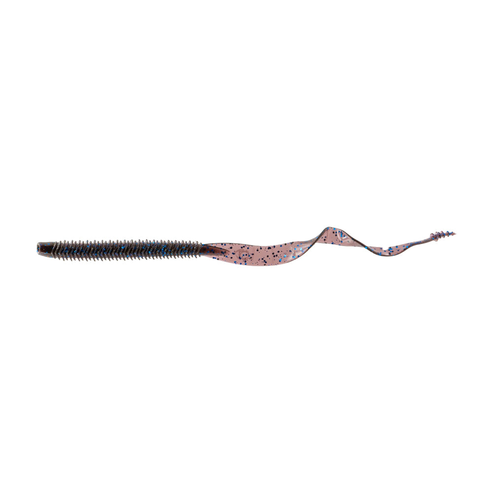 The 6th Sense Boosa 9.6 Ribbon Tail by American Legacy Fishing is a soft plastic lure featuring a ribbed body, Boosa Tail, and curled tail for lifelike movement. It comes in pale purple with black and blue specks to mimic a real worm in the water.