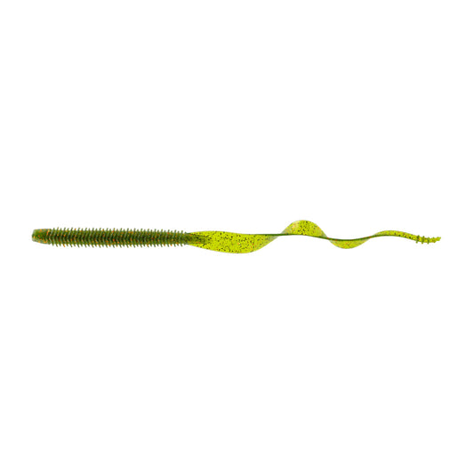 The American Legacy Fishing 6th Sense Boosa 9.6 Ribbon Tail is a green, flexible lure featuring a ribbed body and curly tail for captivating movement in the water.