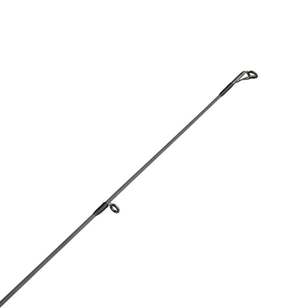 A close-up of the Abu Garcia Fantasista X Spinning Rod 7'6" Medium (FNXS76-5) shows a sleek, minimalist light gray tip with two line guides, crafted with a Fuji® reel seat, elegantly set against a plain white background.