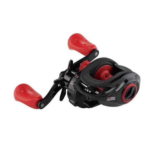 The Abu Garcia Max X Casting Reel 6.4:1 Right Hand (MAX4X) features a black and red design with two red handle grips, a spool, visible "Abu Garcia" branding, and the smooth Power Disk™ drag system found in top baitcast reels.