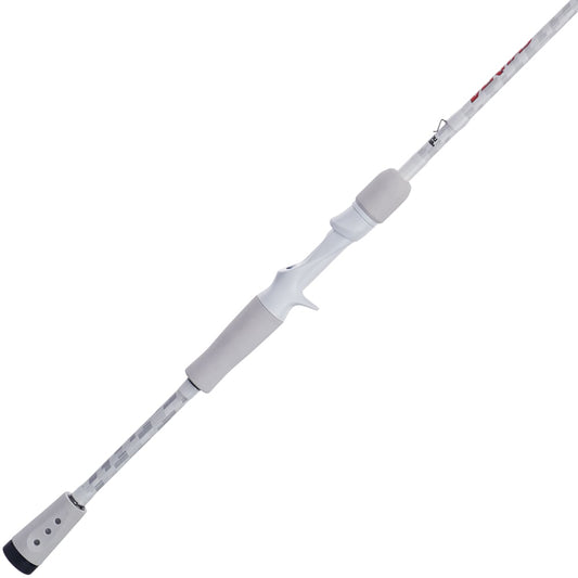 The Abu Garcia Veritas Casting Rod 7'0" Heavy | VTPC70-7 features a modern design with Powerlux 100 construction, split grip handle, trigger grip, and titanium guides. Subtle gray patterns and black accents enhance its sleek look near the handle's end.