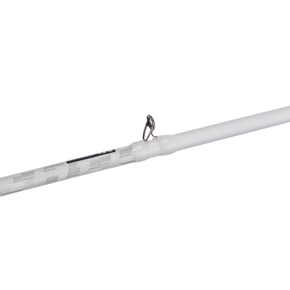 A close-up of the white Abu Garcia Veritas Casting Rod 7'0" Heavy highlights a segment with a titanium guide, showcasing its Powerlux 100 technology and featuring branding near the guide.