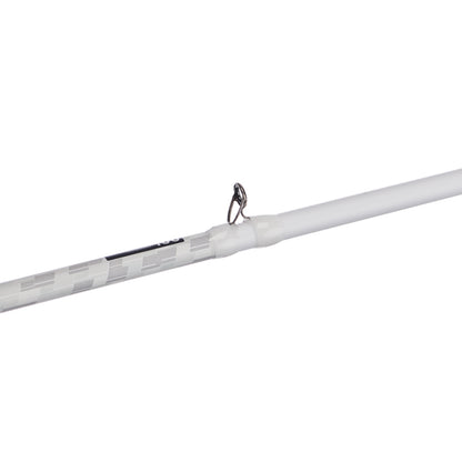 Close-up of an Abu Garcia Veritas Casting Rod 7'6" Medium Heavy (VTPC76-6) section, showcasing its sleek design. The shiny metal guide ring highlights the precision of Powerlux technology, set against a white background, emphasizing its craftsmanship and modern appeal.
