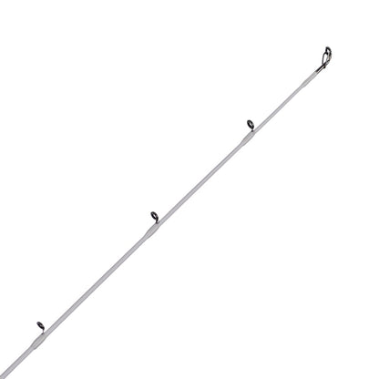 The Abu Garcia Veritas Casting Rod 7'6" Medium Heavy, VTPC76-6, has a close-up of its upper section on a plain white background. The light rod is equipped with several evenly spaced circular guides enhanced with Powerlux technology leading to the tip.
