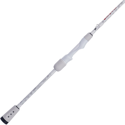 The Abu Garcia Veritas Spinning Rod 6'6" Medium Heavy | VTPS66-6 combines sleek design and a white finish, featuring a grip handle and reel seat. Its minimalist appeal attracts anglers, while the flexible tip and Powerlux 100 boost performance.