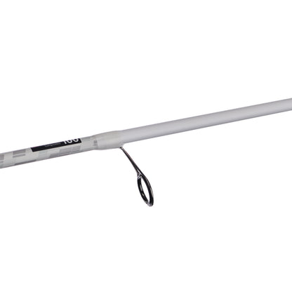 Close-up of a sleek white Abu Garcia Veritas Spinning Rod 6'9" Medium Light (VTPS69-4) with a clear view of the black line guide, showcasing its minimalist design and streamlined build against a plain white background.