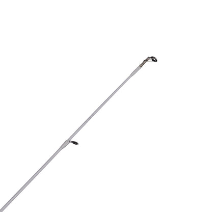 A close-up of the Abu Garcia Veritas Spinning Rod 7'0" Medium 2 Piece (VTPS702-5) against a plain white background showcases its sleek design and Powerlux technology, focusing on the tip and two line guides.