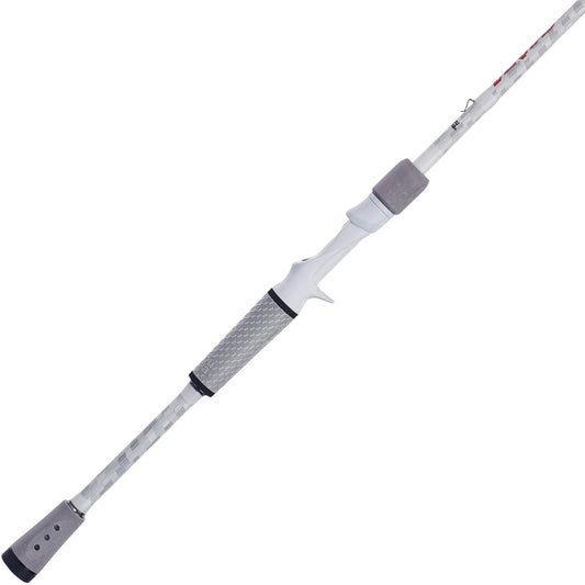 The Abu Garcia Veritas LTD Casting Rod 7'6" Heavy | VTPDTC76-7, designed in sleek white and gray with a textured grip and crafted using Powerlux 100 technology, is elegantly displayed against a white background.
