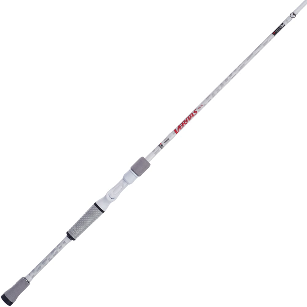 The Abu Garcia Veritas LTD Casting Rod 7'6" Medium Heavy, with a textured black and white grip, silver accents, and red lettering near the handle, is angled diagonally against a plain white background.