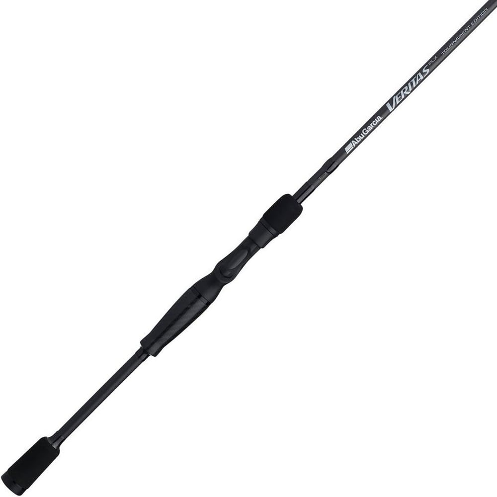 The Abu Garcia Veritas Tournament Casting Rod 7'3" Medium Heavy | VXTC73-6 boasts a sleek black look, comfortable grip, and streamlined design with bold branding. It features Powerlux 200 resin technology for enhanced fishing performance across various activities.