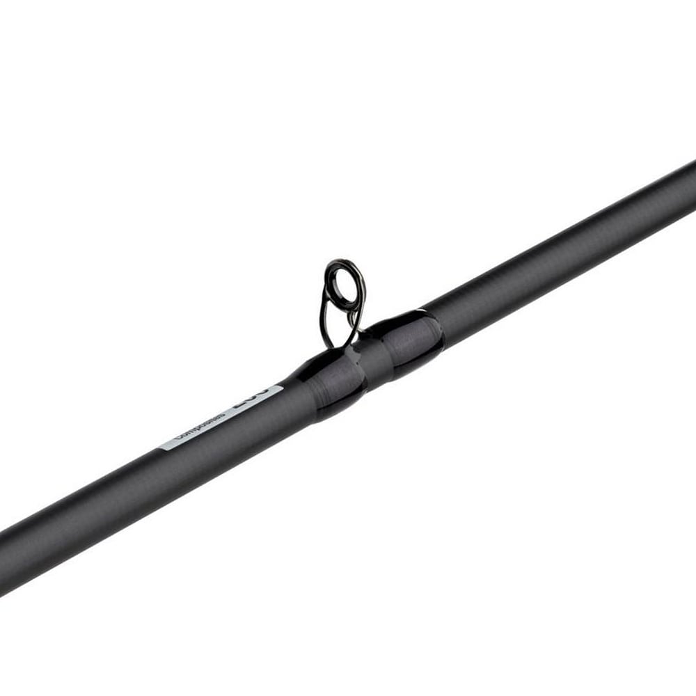 A close-up of a black fishing rod segment showing the guide ring. The Abu Garcia Veritas Tournament Casting Rod 7'3" Medium Heavy model VXTC73-6 flaunts a sleek design with a smooth matte finish, enhanced by Powerlux 200 resin technology for superior performance.