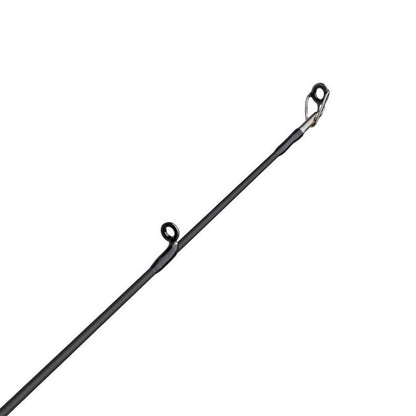 Close-up of the Abu Garcia Veritas Tournament Casting Rod 7'6" Medium Heavy | VXTC76-6 tip with two line guides, angled diagonally from bottom left to top right on a white background, showcasing its Powerlux 200 construction.