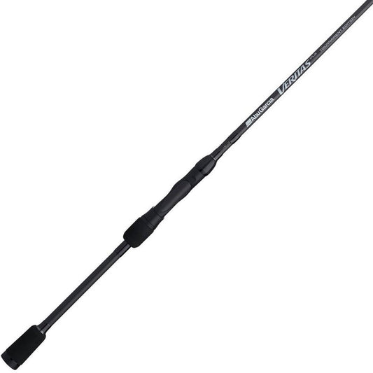 The Abu Garcia Veritas Tournament Spinning Rod 7'0" Medium | VXTS70-5 features Powerlux 200 blanks, a sleek black and gray design with signature branding, comfortable grip, and is showcased at a diagonal angle against a plain white background.