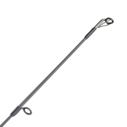 Close-up of an Abu Garcia Veritas Tournament Spinning Rod 7'0" Medium tip with guide rings. The rod tapers to a reinforced loop at the tip, featuring Powerlux 200 blanks and additional line guides. The image focuses on the top end.