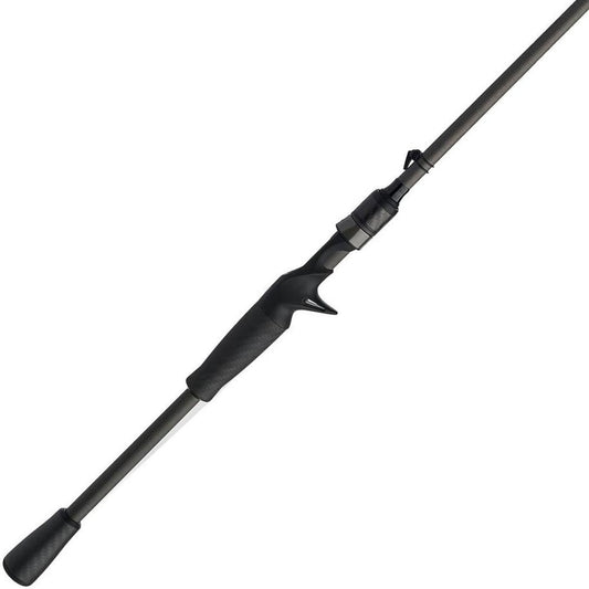 The Abu Garcia Zenon Casting Rod ZENC69-4 is diagonally set against a white backdrop, showcasing its black handle and gray shaft. With a trigger grip and sleek design, it incorporates Zenon technology and titanium guides for enhanced performance.