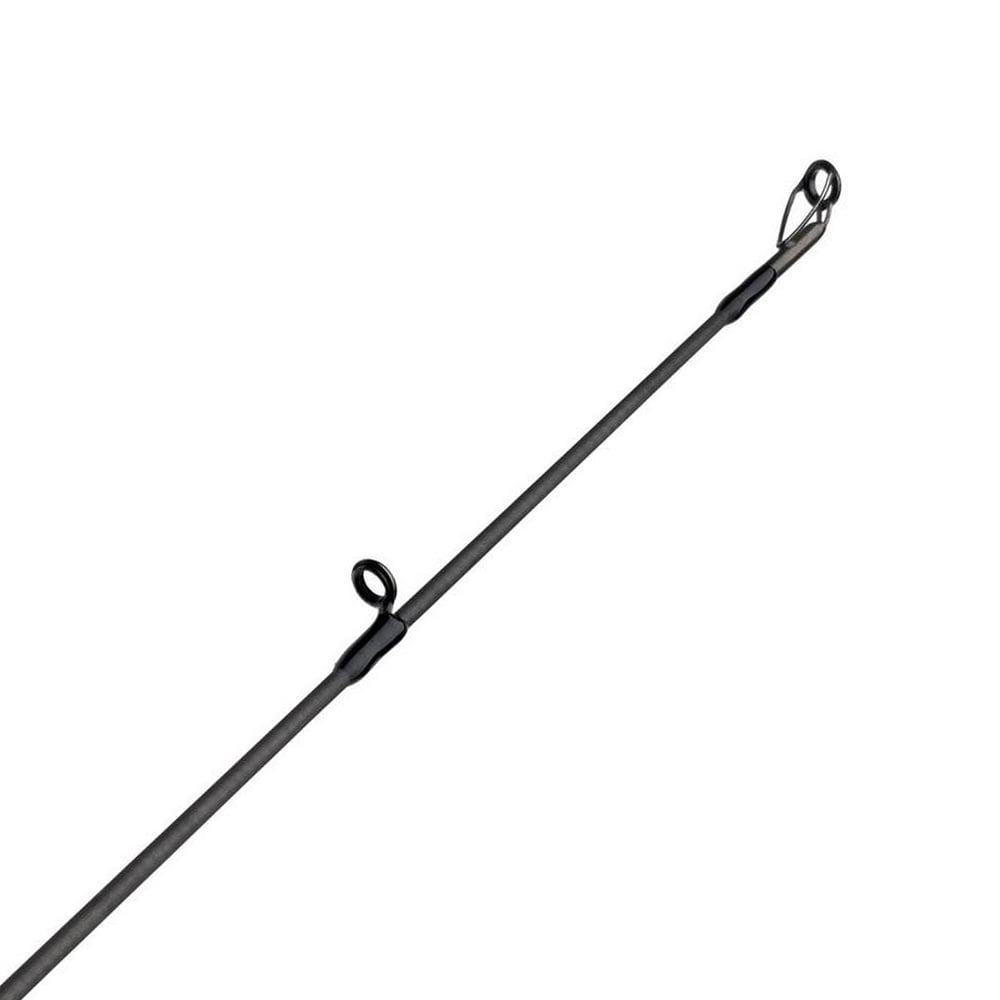A close-up of an Abu Garcia Zenon Casting Rod ZENC70-5 features a slender shaft and two line guides with a Fuji reel seat. It's positioned diagonally against a plain white background.