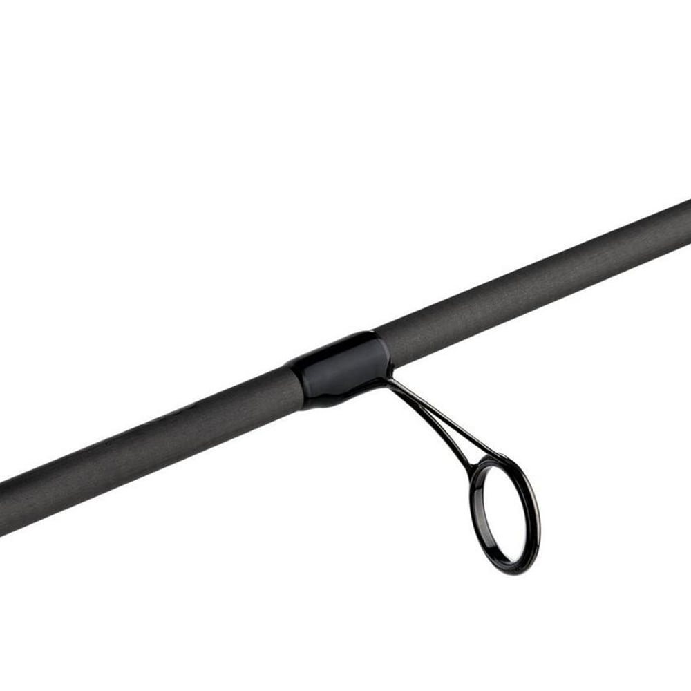 A close-up of an Abu Garcia Zenon Spinning Rod 6'10" Medium Light | ZENS610-4 showcases a black guide loop on the sleek, gray Powerlux 1000 rod. The smooth surface pairs with the Fuji reel seat for perfect line alignment against a white background.