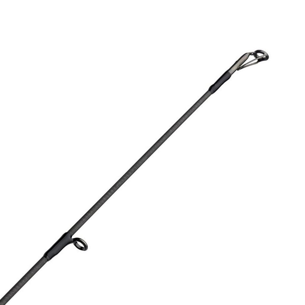 Close-up of the Abu Garcia Zenon Spinning Rod 6'10" Medium Light (ZENS610-4) against a white background. The dark gray rod features two line guides, a sleek modern design with a Fuji reel seat, and an angled tip for lightweight flexibility.