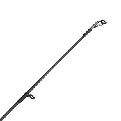 Close-up of the Abu Garcia Zenon Spinning Rod 6'10" Medium Light (ZENS610-4) against a white background. The dark gray rod features two line guides, a sleek modern design with a Fuji reel seat, and an angled tip for lightweight flexibility.